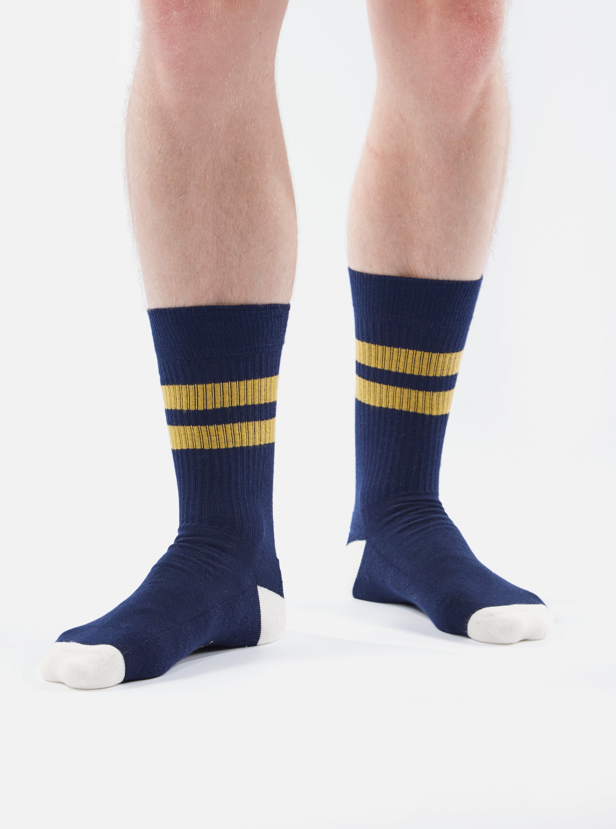 Universal Works Sport Sock in Navy/Yellow Cotton Rib