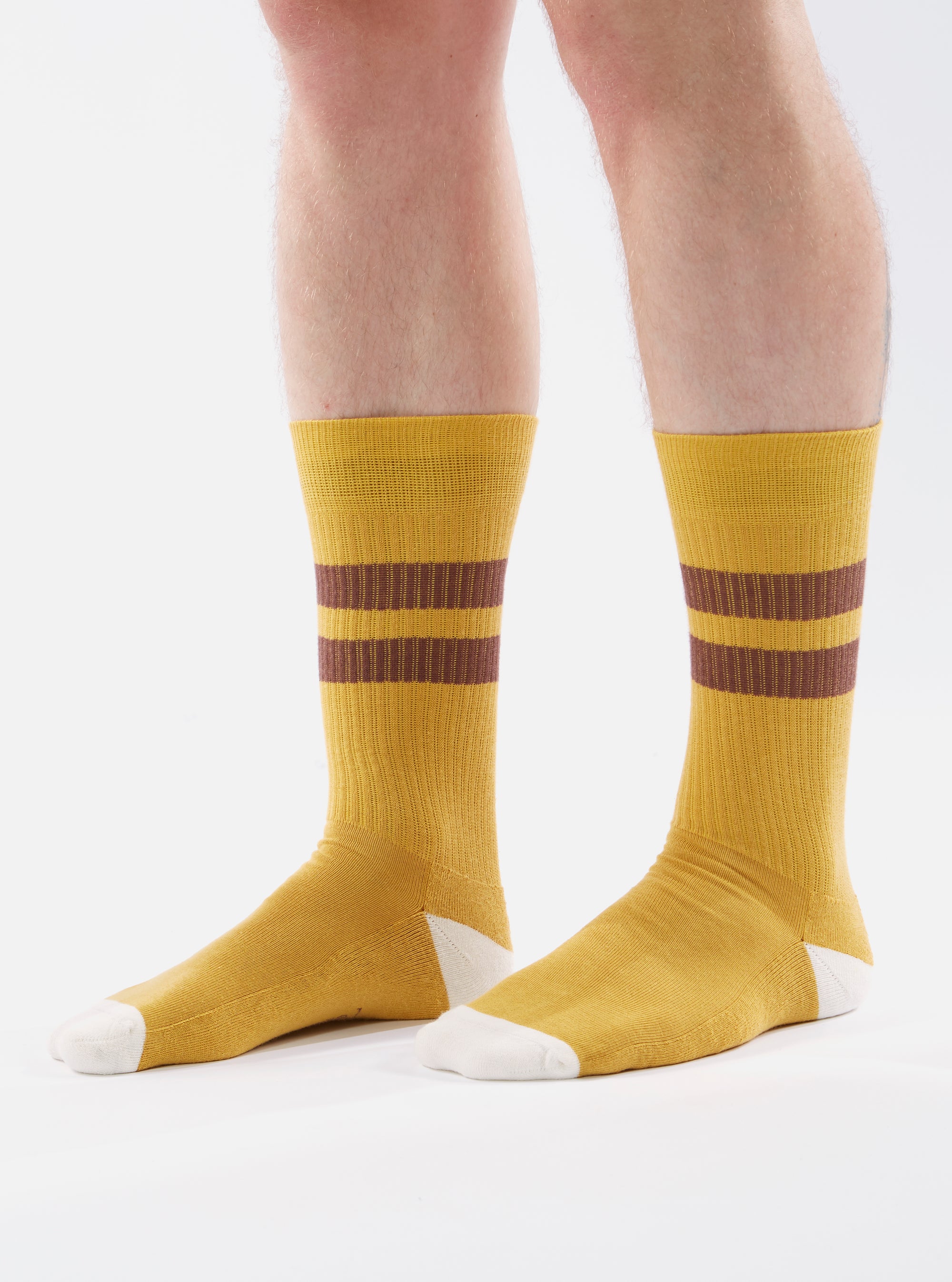 Universal Works Sport Sock in Yellow/Raisin Cotton Rib