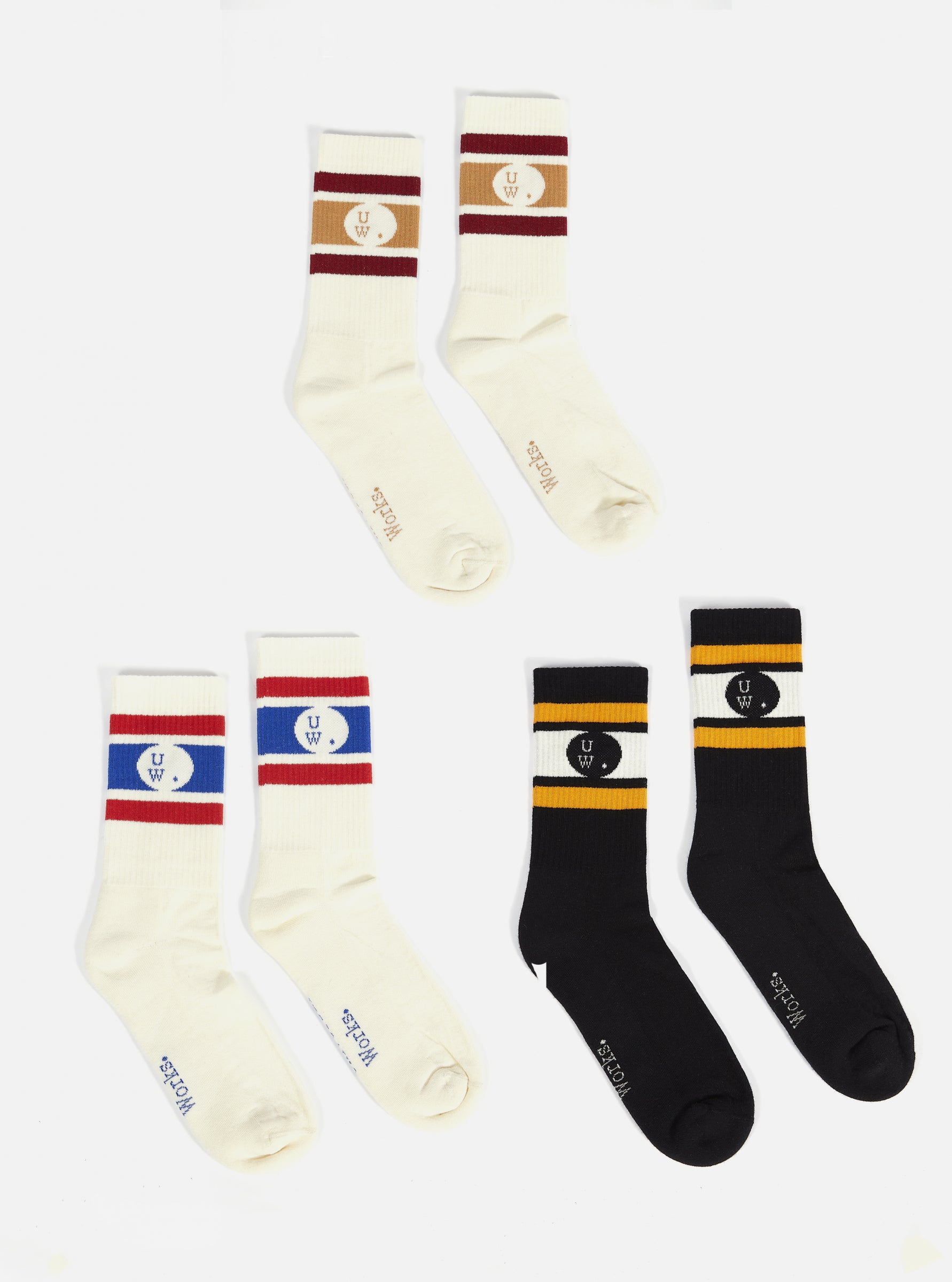 Universal Works 3 Pack Sport Sock in Ecru/Black Cotton