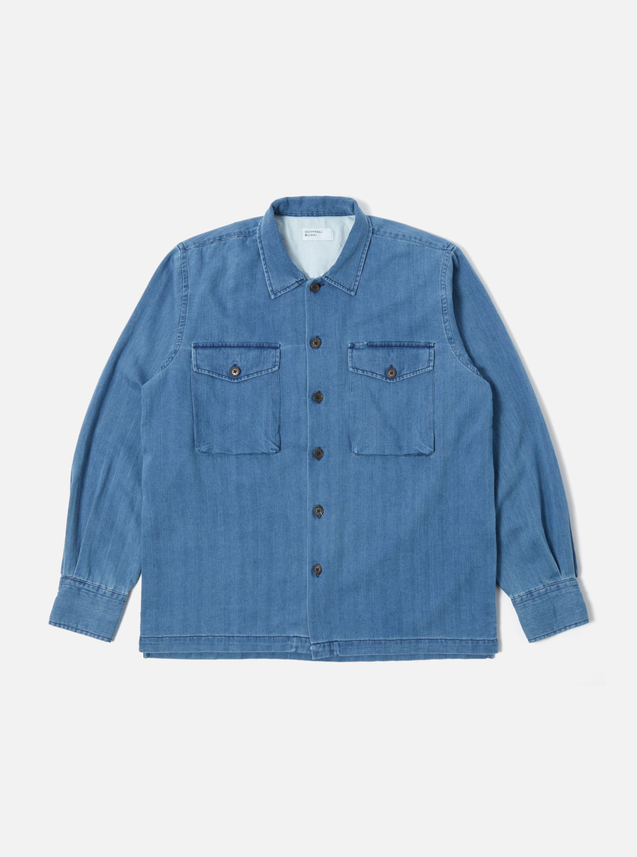 Universal Works Treck Shirt in Faded Indigo Herringbone Denim