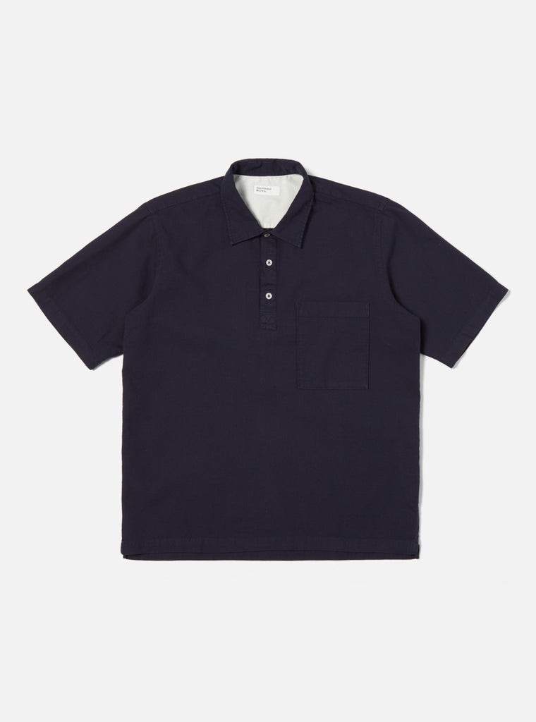 Universal Works Pullover S/S Shirt in Navy Barca Dobby Cotton