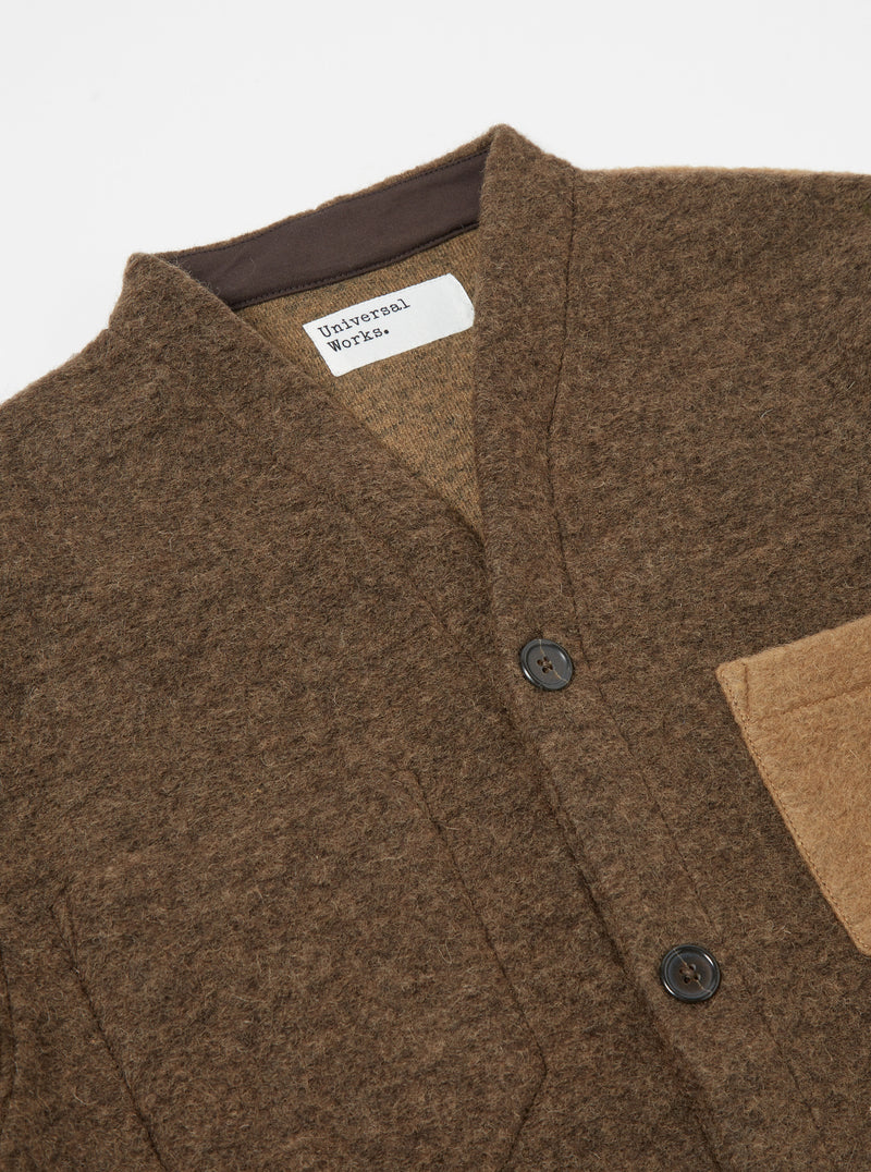 Universal Works Cardigan in Taupe/Brown Wool Fleece