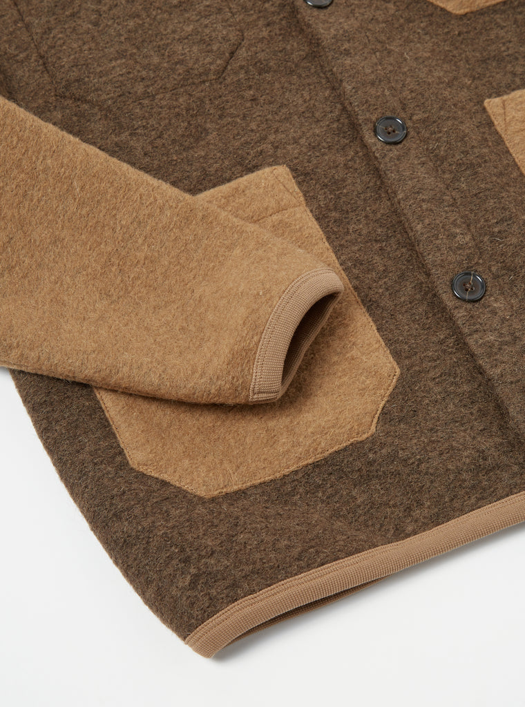Universal Works Cardigan in Taupe/Brown Wool Fleece