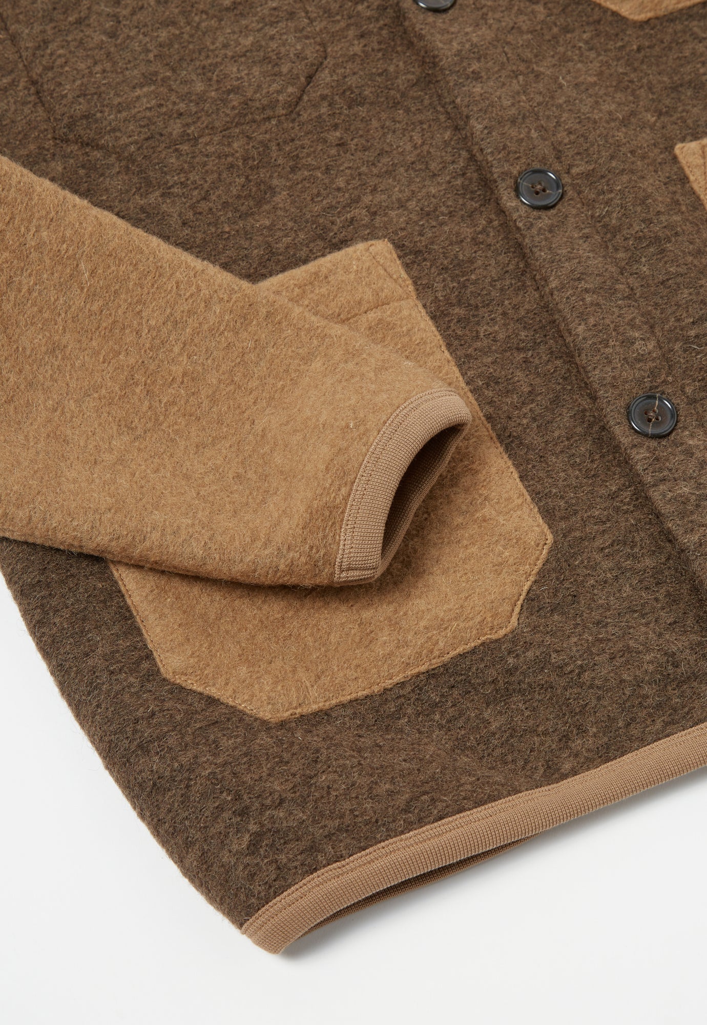 Universal Works Cardigan in Taupe/Brown Wool Fleece