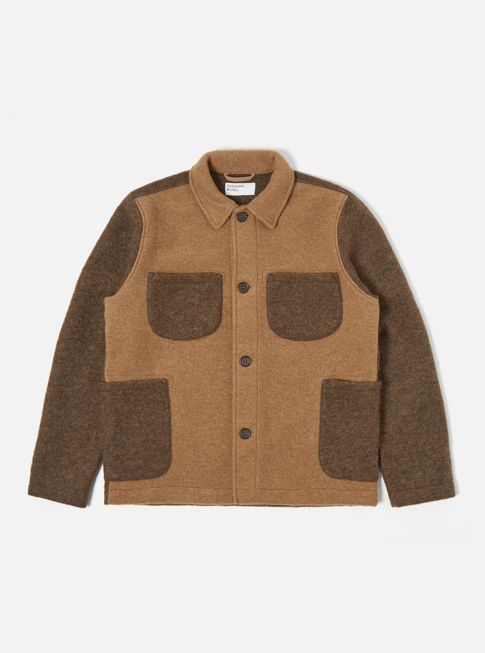 Universal Works Lumber Jacket in Taupe/Brown Wool Fleece