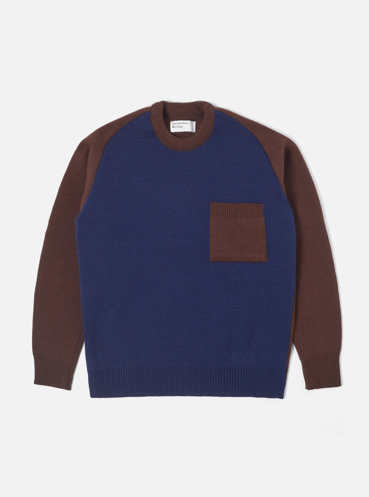 Universal Works Loose Pocket Crew in Brown/Navy Scottish Knit