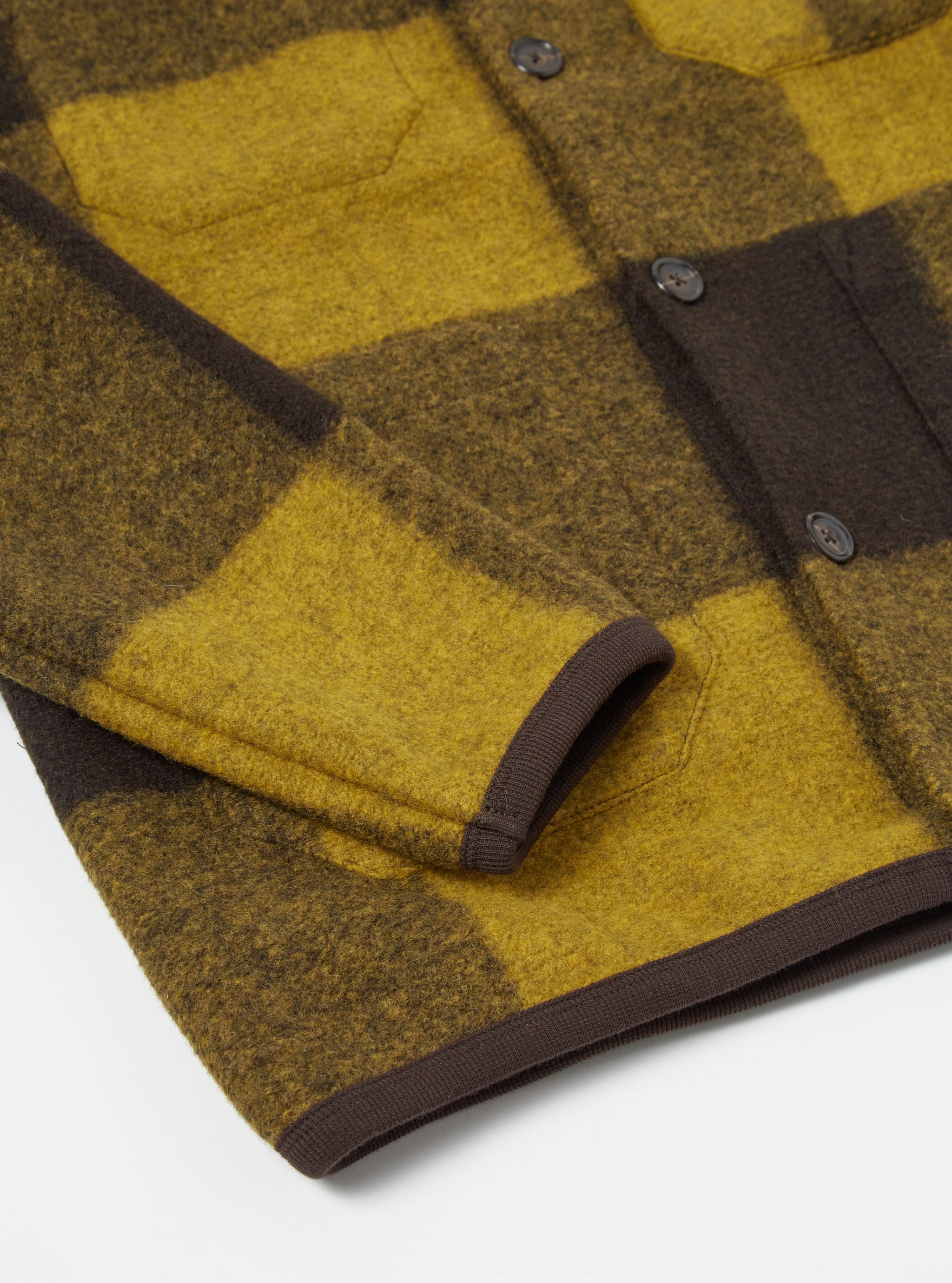 Universal Works Cardigan in Mustard/Brown Studio Check Fleece