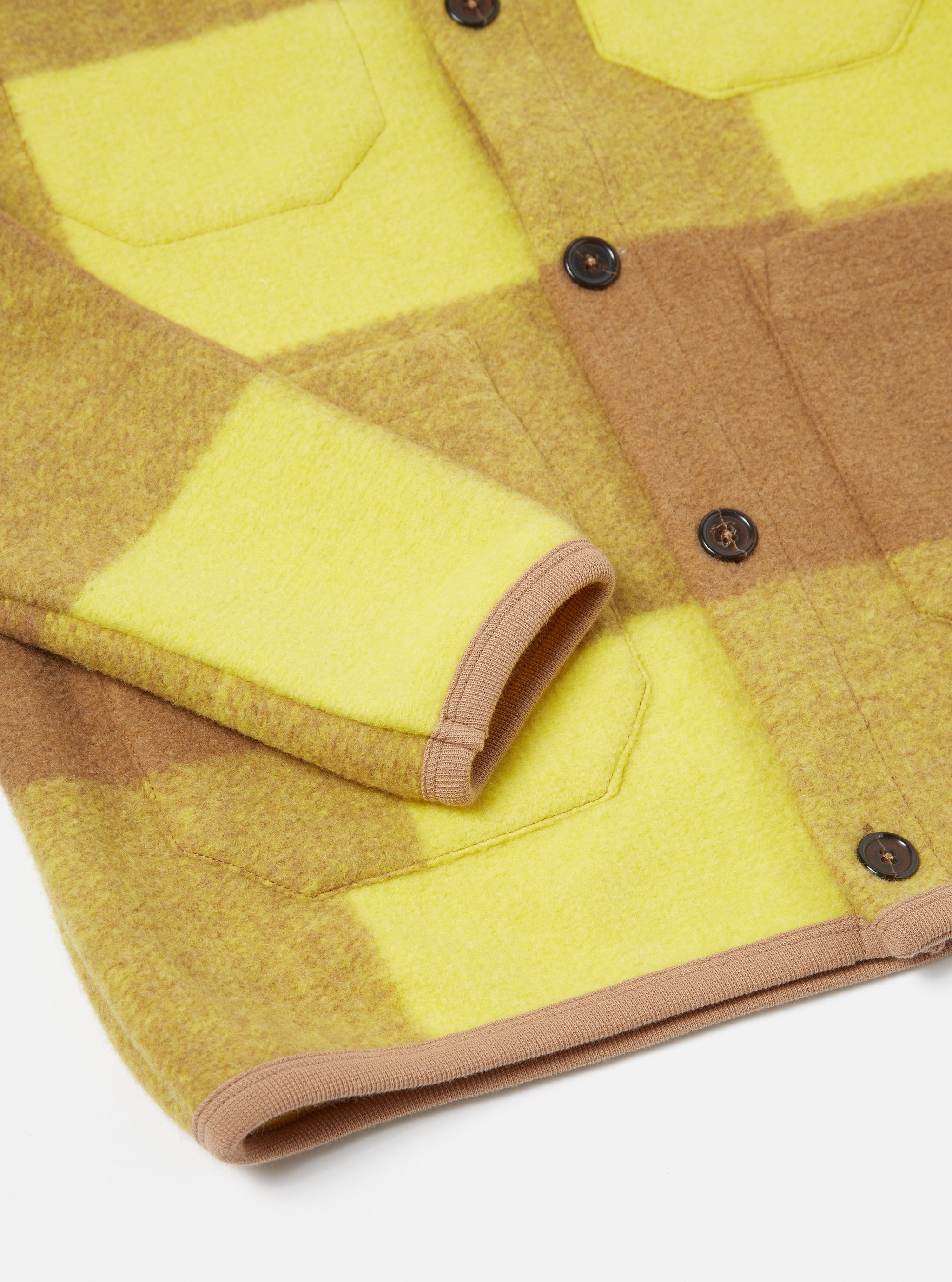Universal Works Cardigan in Sand/Yellow Studio Check Fleece