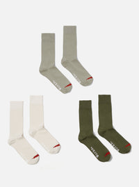 Universal Works 3 Pack Modal Sock in Ecru/Grey/Green Rib Knit