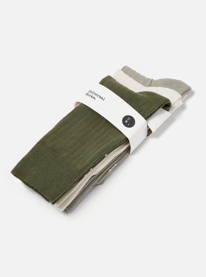 Universal Works 3 Pack Modal Sock in Ecru/Grey/Green Rib Knit