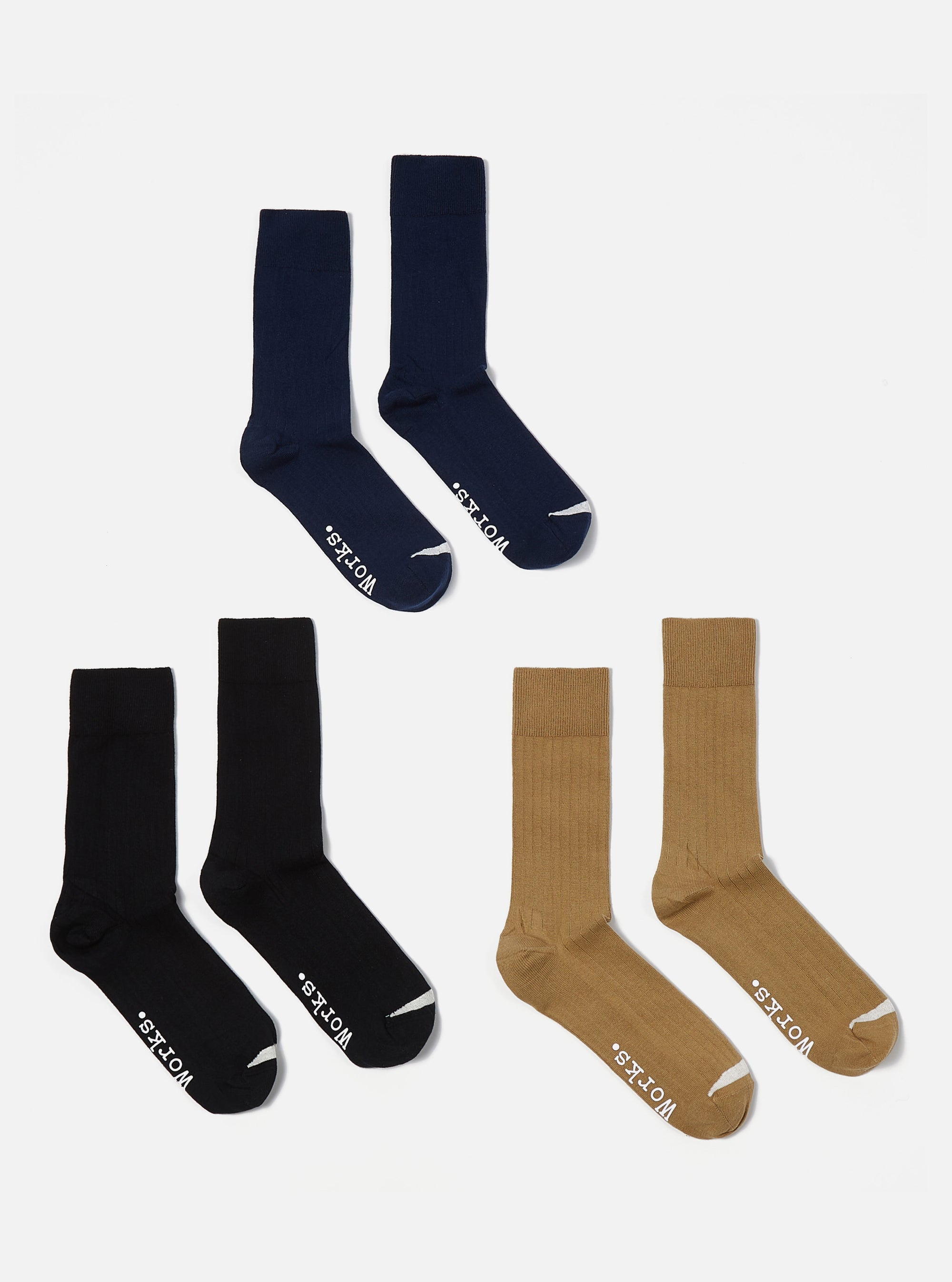 Universal Works 3 Pack Modal Sock in Black/Navy/Cumin Rib Knit