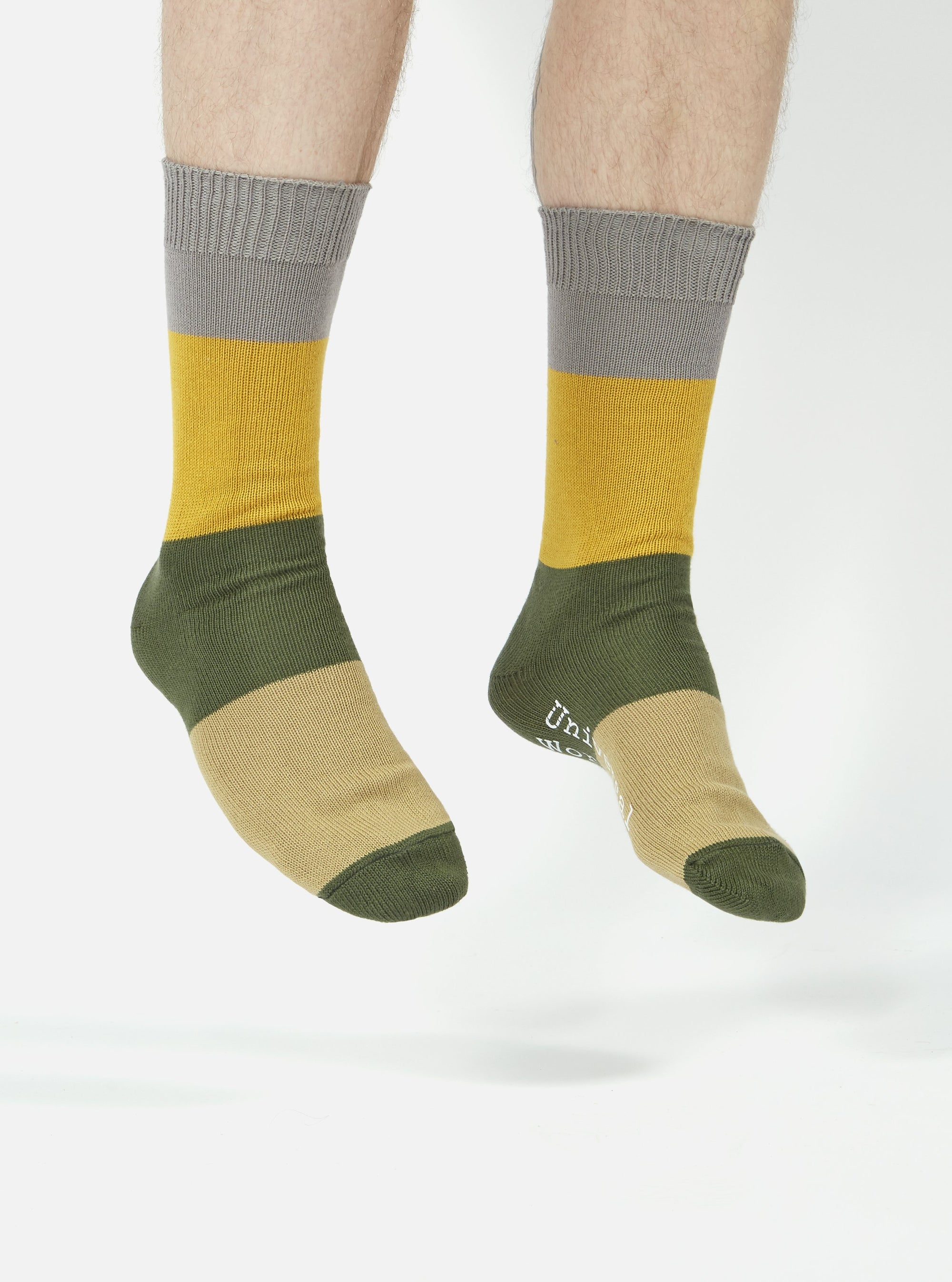 Universal Works Bold Stripe Sock in Grey/Gold Cotton