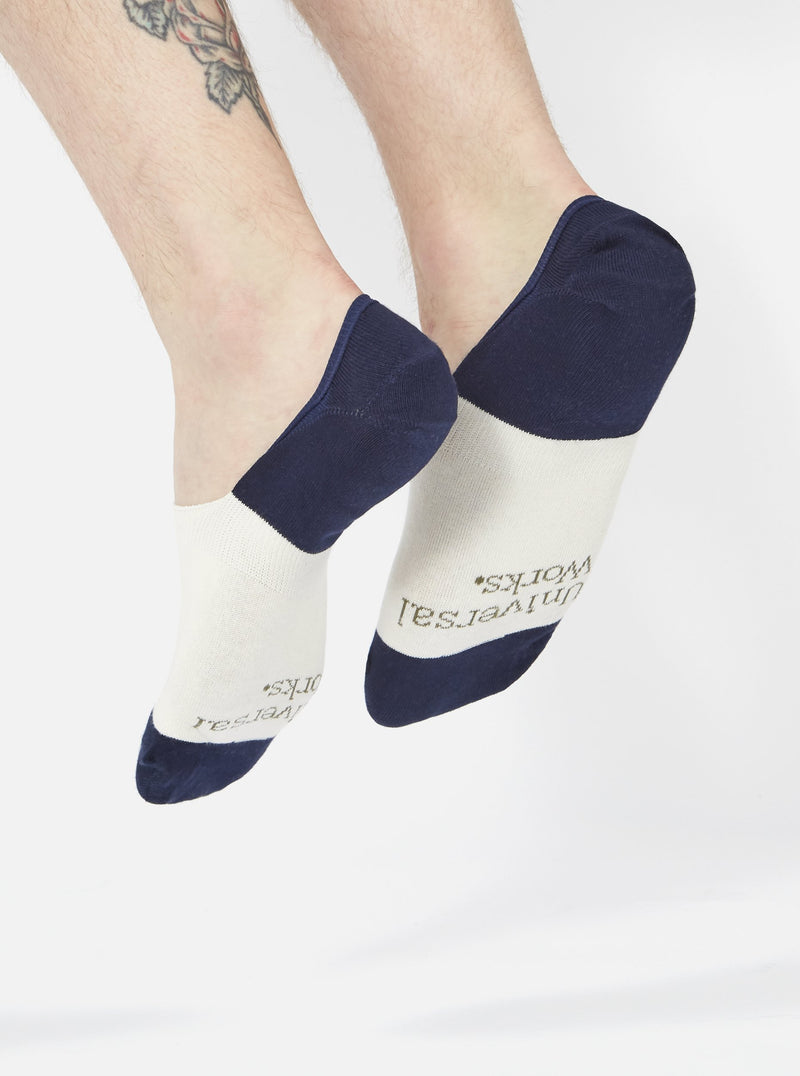 Universal Works No Show Sock in Ecru/Navy Cotton Mix Knit