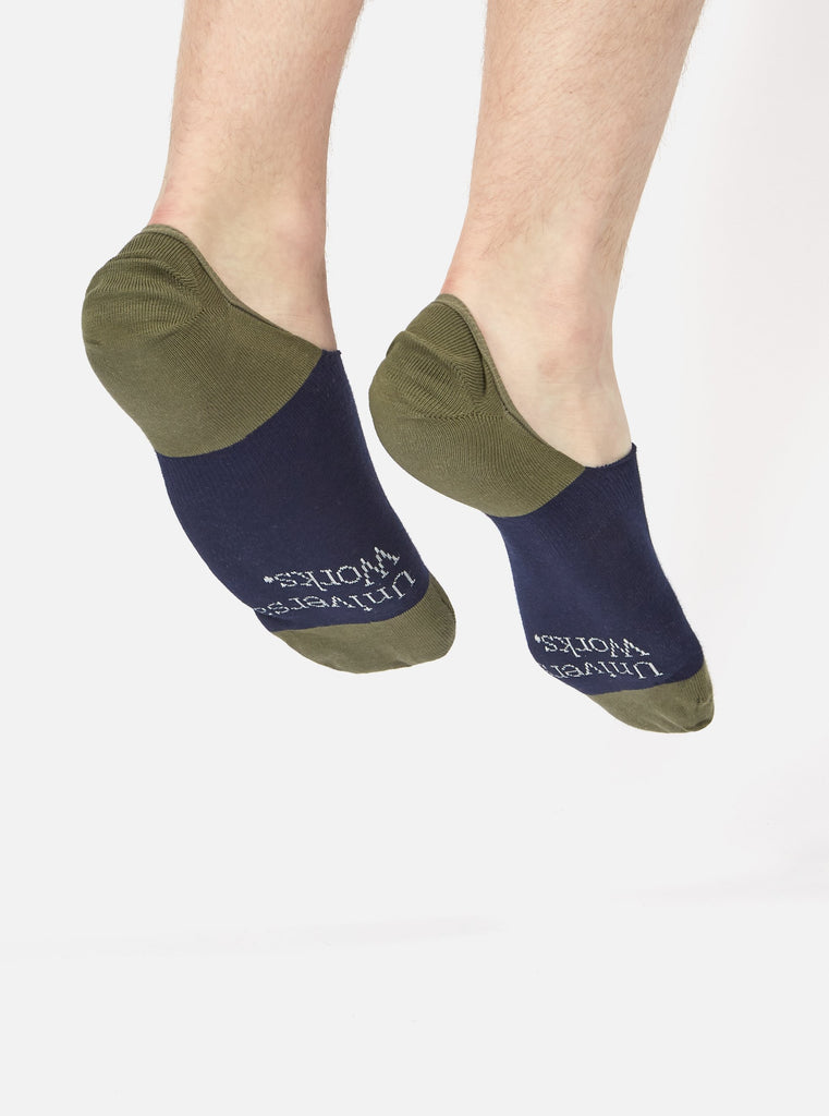 Universal Works No Show Sock in Navy/Olive Cotton Mix Knit