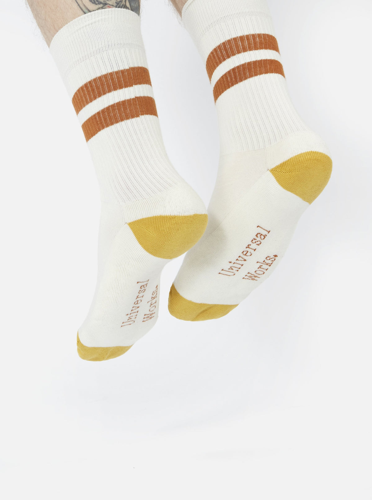 Universal Works Sport Sock in Ecru/Orange Cotton Rib