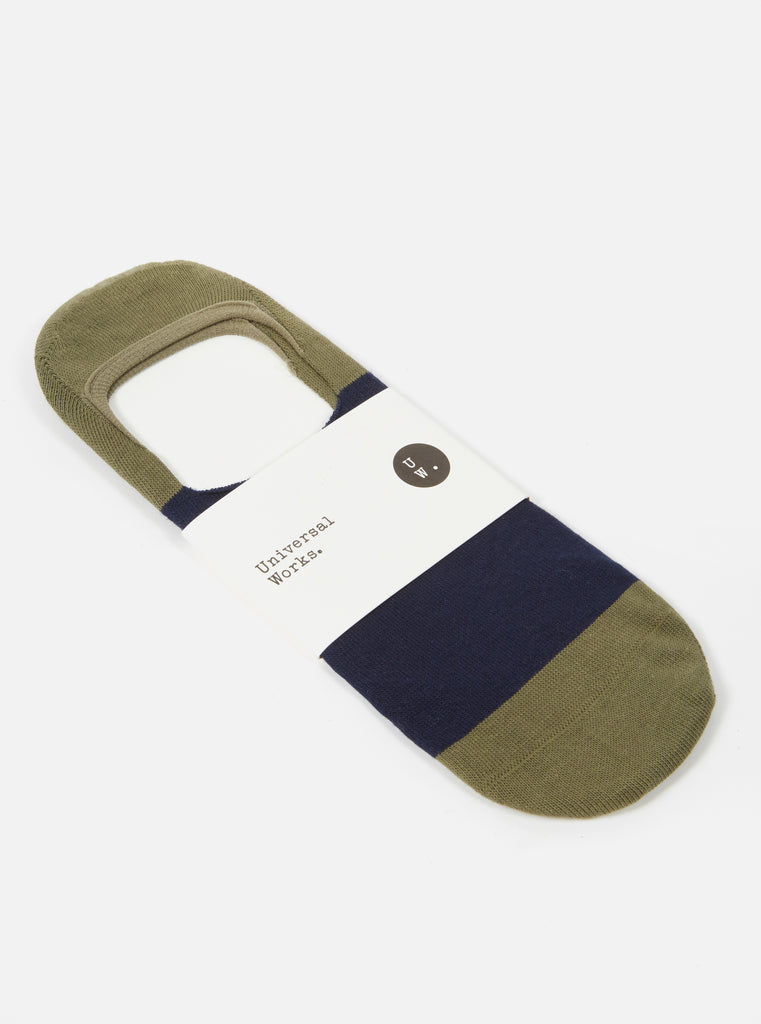 Universal Works No Show Sock in Navy/Olive Cotton Mix Knit